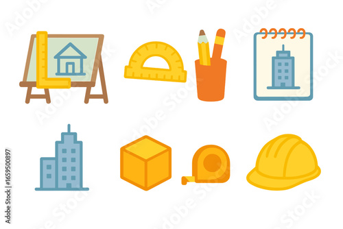 Children's Architect Toolbox. Flat vector mini-illustrations architectural drafting in colors children's