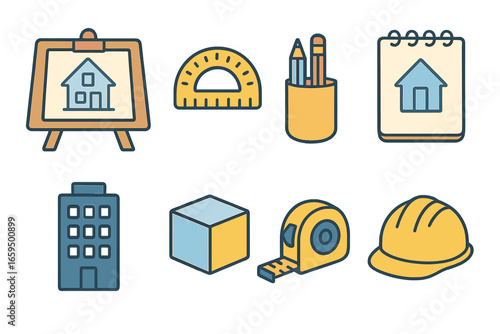 Children's Architect Toolbox. Flat vector mini-illustrations architectural drafting in colors children's