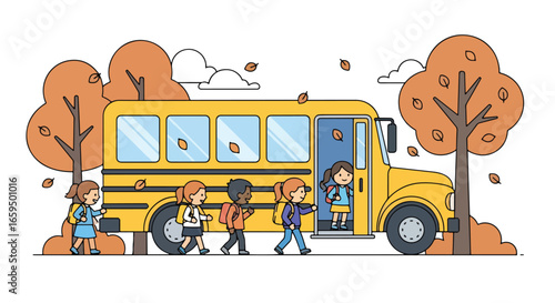 Adobe illustrator artwork vector illustration. A yellow school bus with children carrying backpacks walking towards it in an autumn landscape with colorful trees and falling leaves, perfect