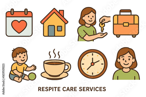 Respite Care Icons. Flat vector mini-illustrations respite care services in colors children's illustrations: calendar with heart,