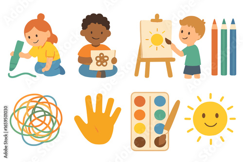 Children's Art Tools. Flat vector mini-illustrations children painting and drawing in colors children's