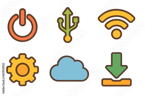 Kid-Friendly Tech Icons. Flat vector mini-illustrations symbol technology in colors children's illustrations: power button, USB