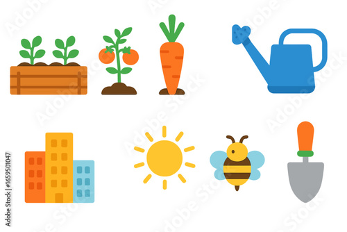 Rooftop Garden Icons. Flat vector mini-illustrations Community rooftop vegetable gardens in colors children’s illustrations: