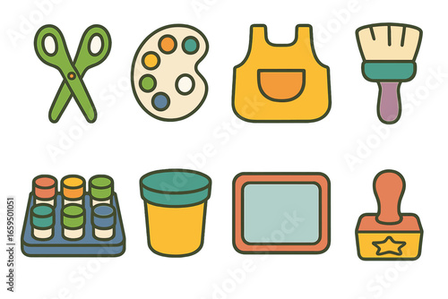 Children's Art Supplies. Flat vector mini-illustrations Child’s painting tools in colors children's
