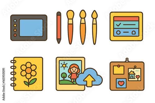 Children's Art Tools. Flat vector mini-illustrations Freelance digital illustrator in colors children's