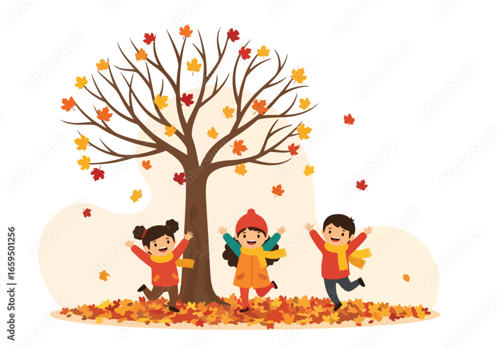 Naklejka premium Adobe illustrator artwork vector illustration. Three happy kids playing under an autumn tree with falling colorful leaves on a pile of foliage, perfect for seasonal and children themes.