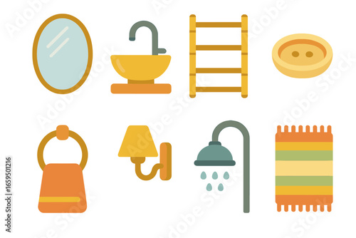 Children's Bathroom Icons. Flat vector mini-illustrations contemporary bathroom elements in colors children's