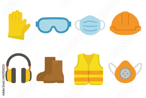 Safety and Hazard Icons. Flat vector mini-illustrations Workplace personal protective equipment in colors children's illustrations