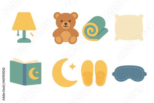 Children's Bedtime Icons. Flat vector mini-illustrations bedtime comforts in colors children's illustrations: