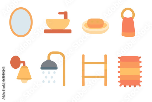 Children's Bathroom Icons. Flat vector mini-illustrations contemporary bathroom elements in colors children's