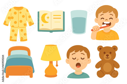 Children's Bedtime Icons. Flat vector mini-illustrations Bedtime routine in colors children's illustrations: