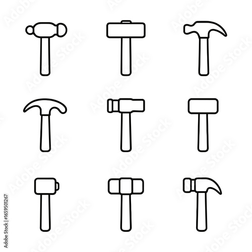 Blacksmith Hammer Icons. Outline icon set of blacksmith hammer types: ball peen hammer, sledgehammer, cross peen hammer, claw
