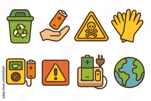 Kids' Battery Recycling Icons. Flat vector mini-illustrations battery recycling in colors children's illustrations: recycling bin,