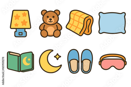 Children's Bedtime Icons. Flat vector mini-illustrations bedtime comforts in colors children's illustrations: