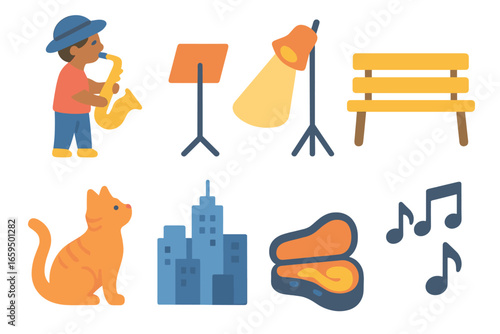 Saxophone Serenade Scene. Flat vector mini-illustrations Saxophone serenade in colors children's illustrations: saxophonist, music