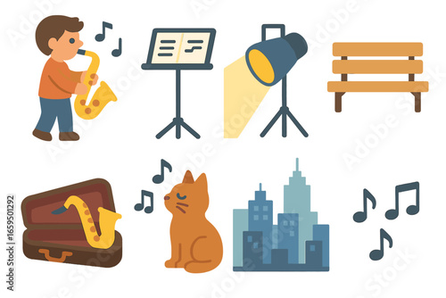 Saxophone Serenade Scene. Flat vector mini-illustrations Saxophone serenade in colors children's illustrations: saxophonist, music