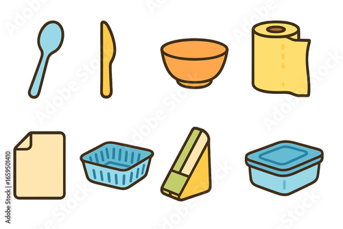 Kids' Kitchenware Icons. Flat vector mini-illustrations disposable kitchenware in colors children's illustrations: plastic spoon,