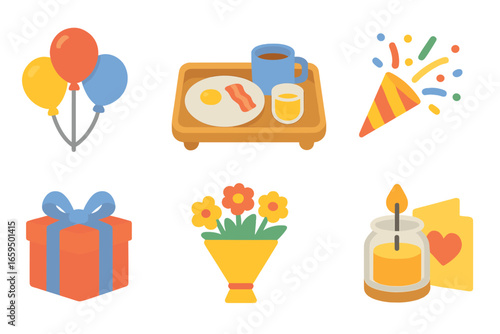 Children's Celebration Icons. Flat vector mini-illustrations Special occasion surprises in colors children's