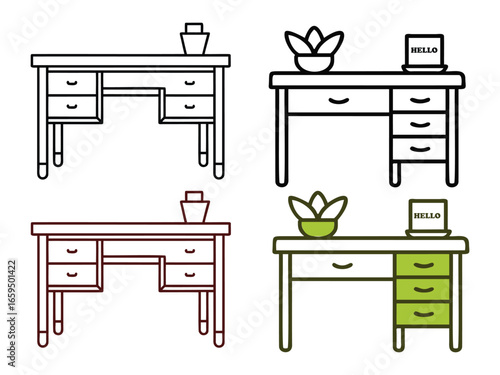 Minimalist office desk line art icons with drawers, potted plant and laptop for workspace design