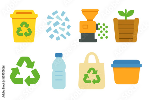 Kids' Recycling Icons. Flat vector mini-illustrations polymer recycling in colors children's illustrations: recycling bin,