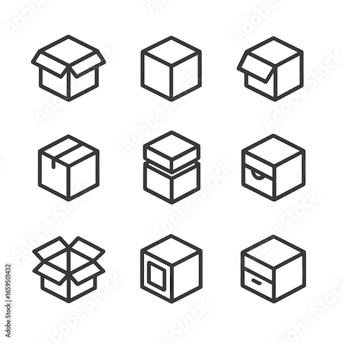 Box Icon Set. Outline icon set of box types: open box, closed box, folded box, sealed box, stackable box, drawer box, collapsible