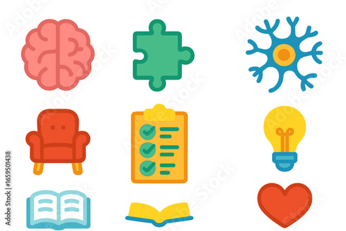 Children's Brain Therapy Icons. Flat vector mini-illustrations Cognitive behavioral therapy for brain recovery