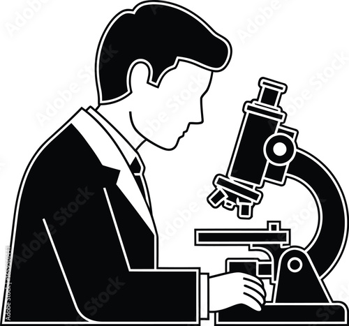 A scientist is looking through a microscope, he is wearing a suit and tie the scientist is doing research in a laboratory