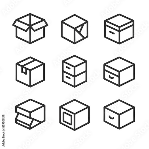 Box Icon Set. Outline icon set of box types: open box, closed box, folded box, sealed box, stackable box, drawer box, collapsible