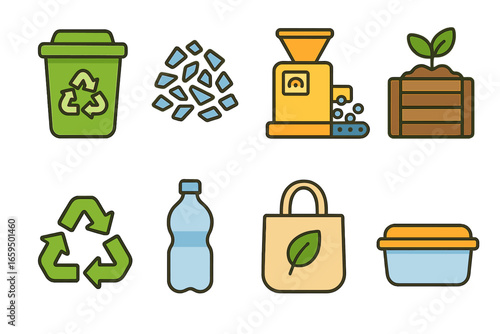 Kids' Recycling Icons. Flat vector mini-illustrations polymer recycling in colors children's illustrations: recycling bin,