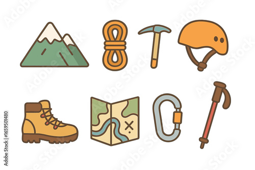Children's Climbing Icons. Flat vector mini-illustrations Mountain adventure in colors children's