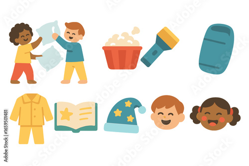 Sleepover Fun Icons. Flat vector mini-illustrations Sleepover activities in colors children's illustrations: pillow toss, popcorn