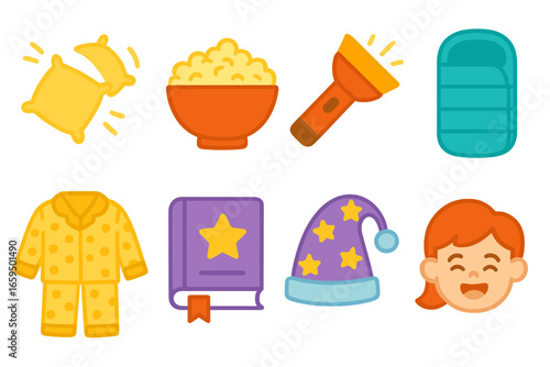 Sleepover Fun Icons. Flat vector mini-illustrations Sleepover activities in colors children's illustrations: pillow toss, popcorn