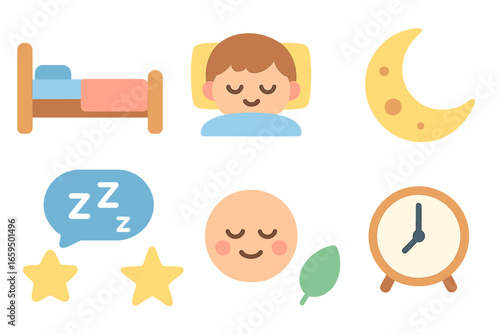 Sleepy Time Icons. Flat vector mini-illustrations improved sleep quality in colors children's illustrations: bed icon, sleeping