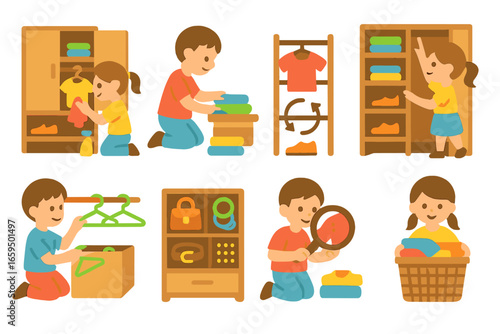 Children's Closet Care Icons. Flat vector mini-illustrations closet maintenance in colors children's