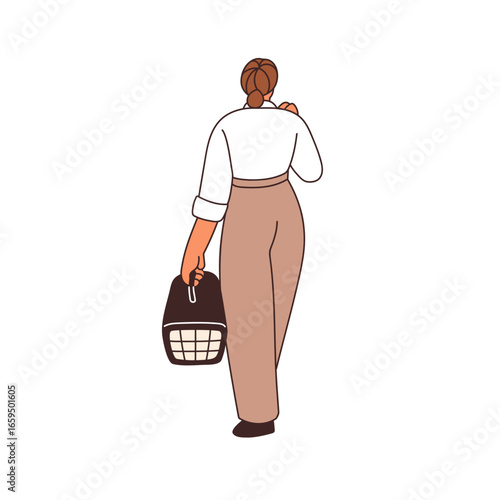 Woman walking away, holding pet carrier. Female, cat owner with animal box, c...