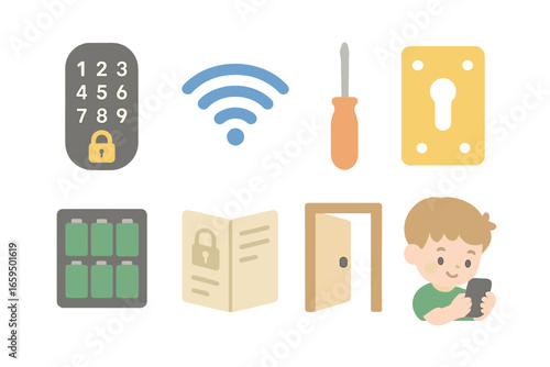 Smart Lock Installation. Flat vector mini-illustrations smart lock replacement in colors children's illustrations: smart lock
