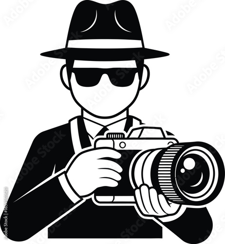 Spy photographer with camera, wearing a hat and sunglasses, capturing moments in a mysterious and stylish way