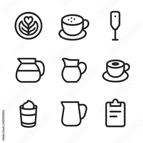 Cafe Icon Set. Outline icon set of milky cafe items: latte art, cappuccino cup, milk frother, coffee pot, milk jug, espresso cup,