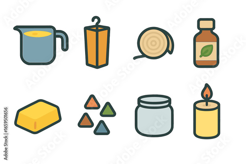 Candle Craft Kit. Flat vector mini-illustrations candle craftsmanship in colors children's illustrations: wax pot, candle mold,
