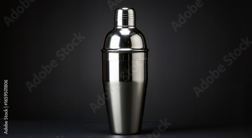 Metal cocktail shaker on dark background, still life composition