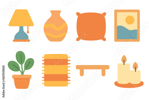 Children's Decor Icons. Flat vector mini-illustrations home decor brands in colors children's illustrations: