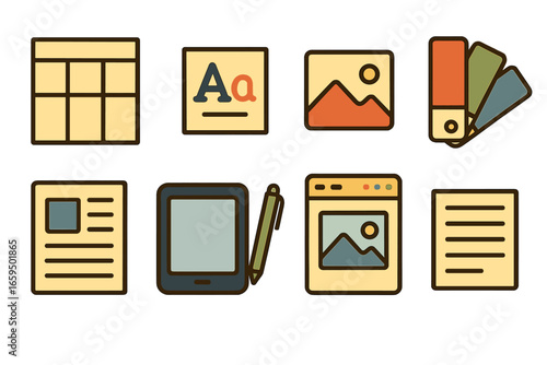 Children's Design Tools. Flat vector mini-illustrations Editorial layout planning in colors children's