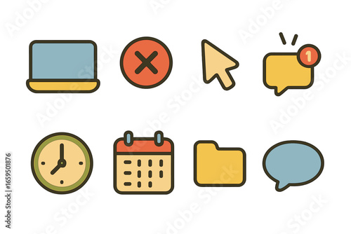 Children's Digital Icons. Flat vector mini-illustrations wrapping up digital tasks in colors children's