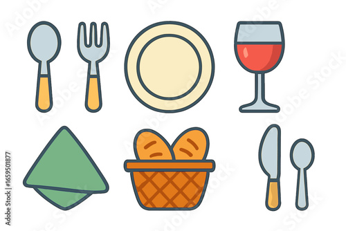 Children's Dining Essentials. Flat vector mini-illustrations dining table essentials in colors children's