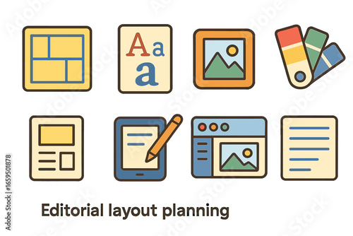 Children's Design Tools. Flat vector mini-illustrations Editorial layout planning in colors children's