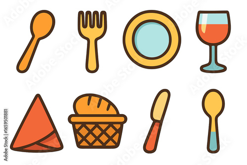 Children's Dining Essentials. Flat vector mini-illustrations dining table essentials in colors children's