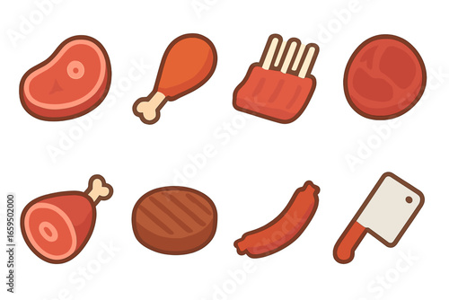 Meat Icons Grid. Flat vector mini-illustrations red meat in colors children's illustrations: steak, drumstick, ribs, beef slice,