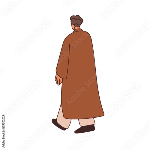 Man in long coat, walking away. Person from back, view from behind, going out...