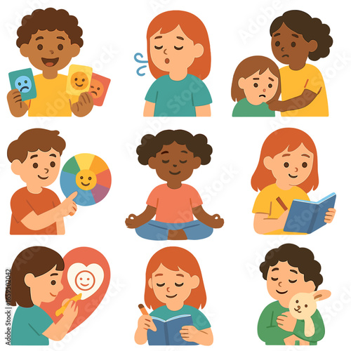 Children's Emotional Icons. Flat vector mini-illustrations emotional growth in colors children's illustrations