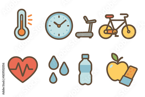Metabolic Rate Icons. Flat vector mini-illustrations metabolic rate in colors children's illustrations: thermometer, clock,